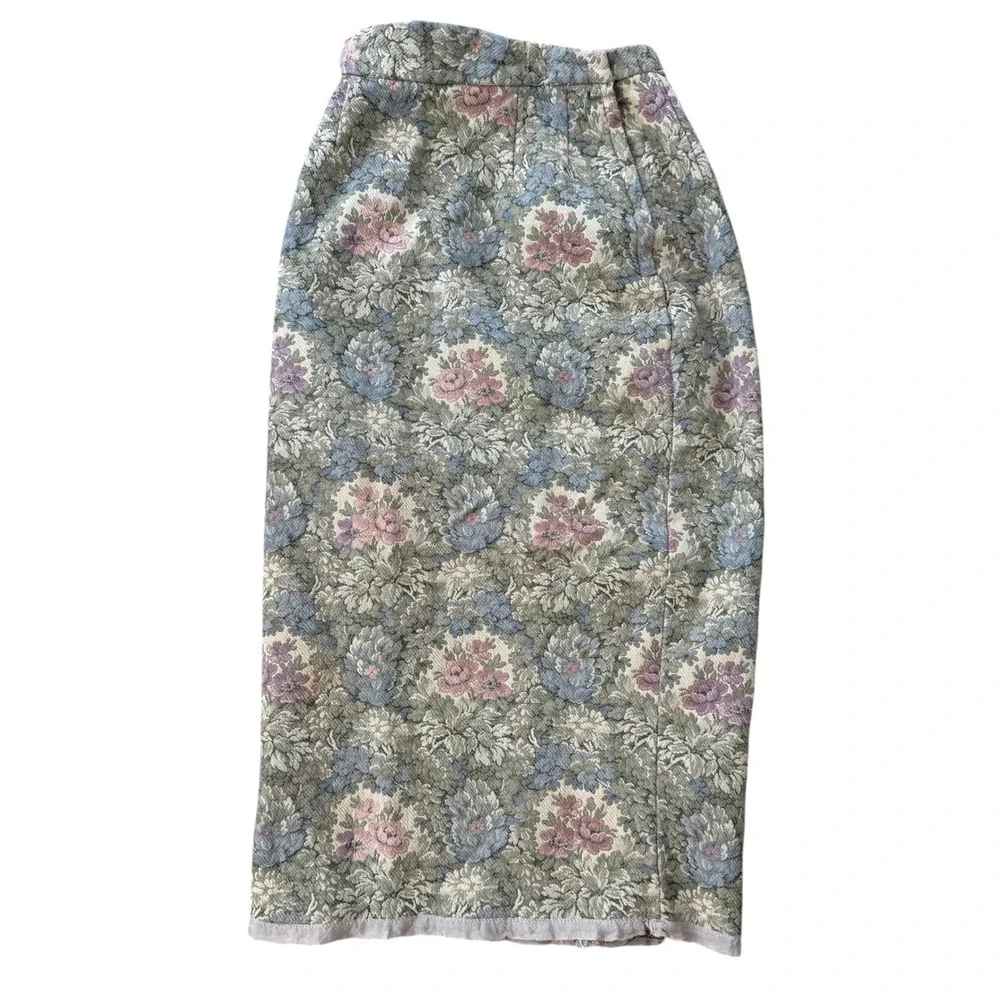 Vintage 60s Handmade Floral Tapestry Jacquard Maxi Skirt Cottagecore XS Green